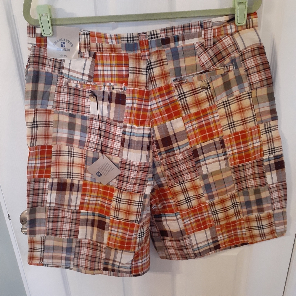 Charleston Khaki M Cotton Flat Front patchwork of mismatched madras plaid Shorts